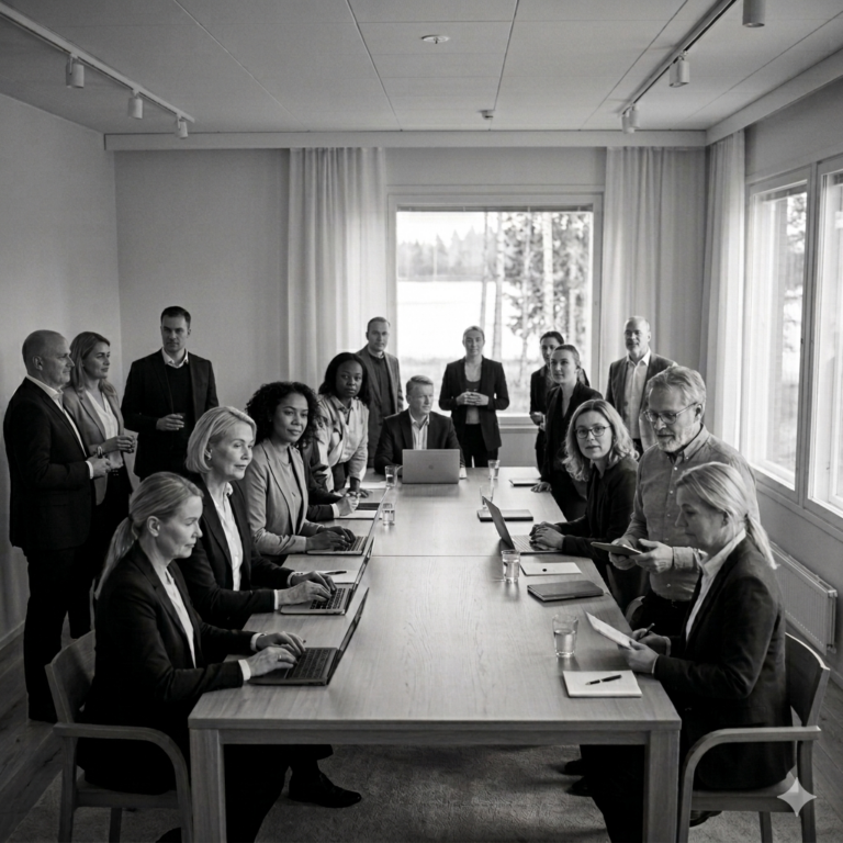 Tiimi kokoontuneena neuvotteluhuoneessa – vuorovaikutus ja kestävä johtajuus työyhteisössä